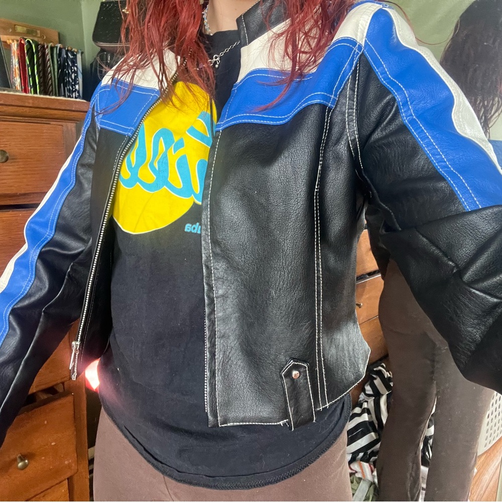 Urban Outfitters Black and Blue Leather Jacket with Bold Accents